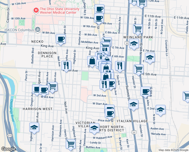 map of restaurants, bars, coffee shops, grocery stores, and more near 51 West 5th Avenue in Columbus