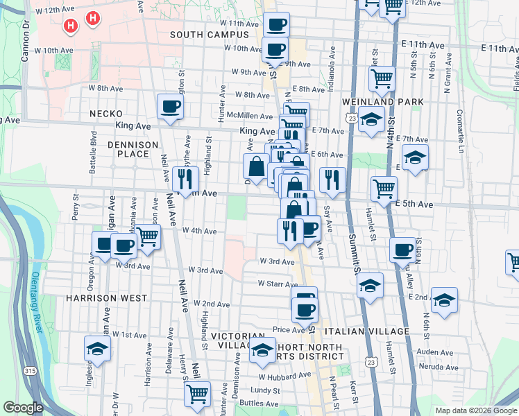 map of restaurants, bars, coffee shops, grocery stores, and more near 51 West 5th Avenue in Columbus