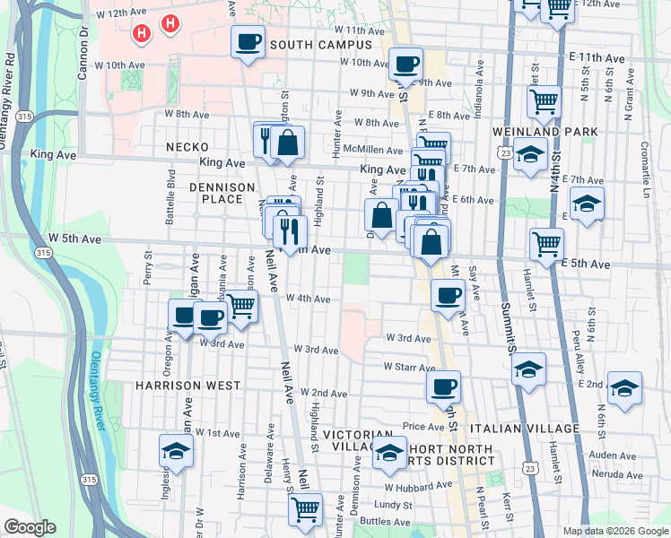 map of restaurants, bars, coffee shops, grocery stores, and more near 163 West 5th Avenue in Columbus