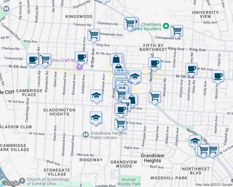 map of restaurants, bars, coffee shops, grocery stores, and more near 1436 Broadview Avenue in Columbus