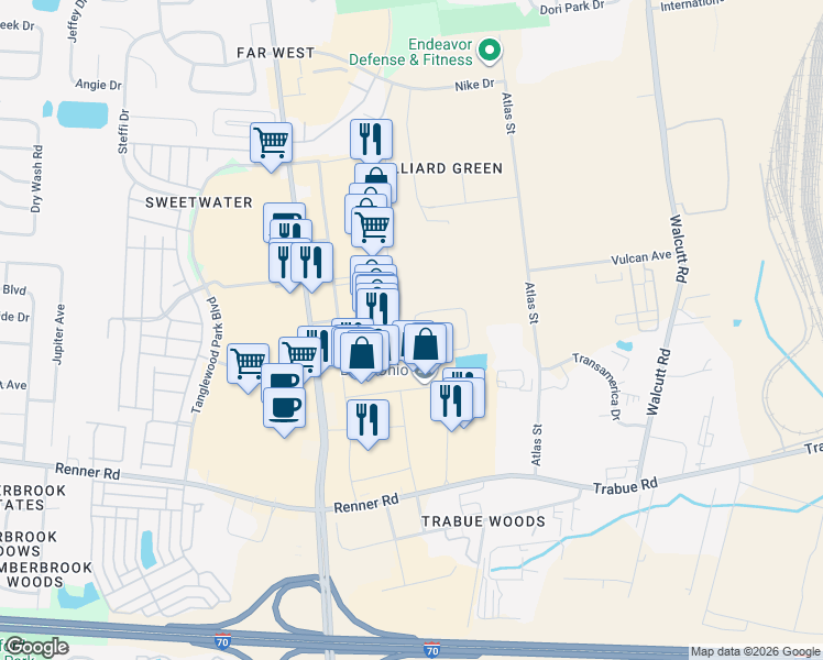 map of restaurants, bars, coffee shops, grocery stores, and more near 5190 Preferred Place in Hilliard