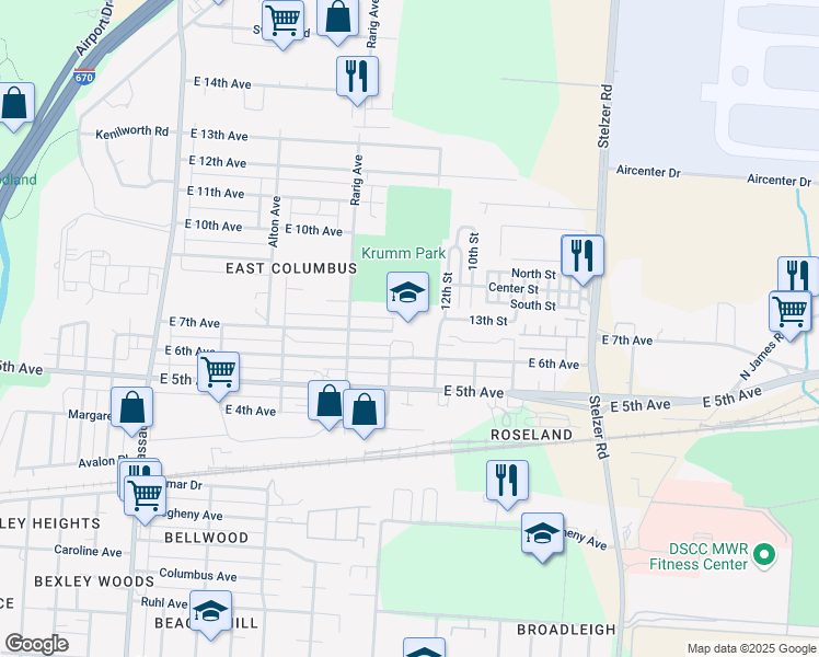 map of restaurants, bars, coffee shops, grocery stores, and more near 3100 East 7th Avenue in Columbus