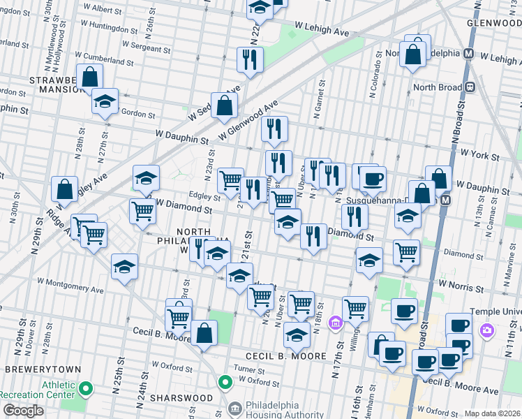 map of restaurants, bars, coffee shops, grocery stores, and more near 2132 North 21st Street in Philadelphia