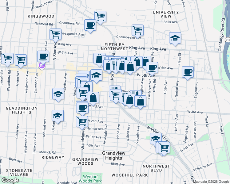 map of restaurants, bars, coffee shops, grocery stores, and more near 1272 Thornwood Place in Columbus