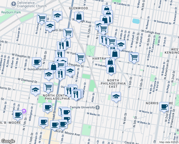 map of restaurants, bars, coffee shops, grocery stores, and more near 1108 West Nevada Street in Philadelphia