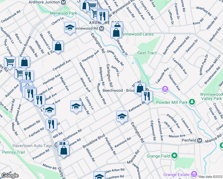 map of restaurants, bars, coffee shops, grocery stores, and more near 1618 Earlington Road in Havertown