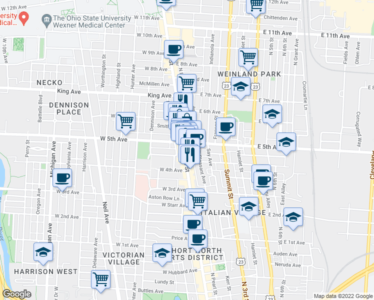 map of restaurants, bars, coffee shops, grocery stores, and more near 1188 North High Street in Columbus