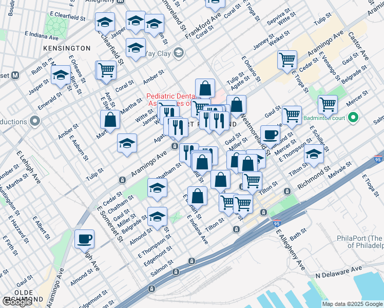 map of restaurants, bars, coffee shops, grocery stores, and more near 3116 Chatham Street in Philadelphia
