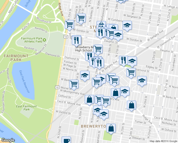 map of restaurants, bars, coffee shops, grocery stores, and more near 2949 West Norris Street in Philadelphia