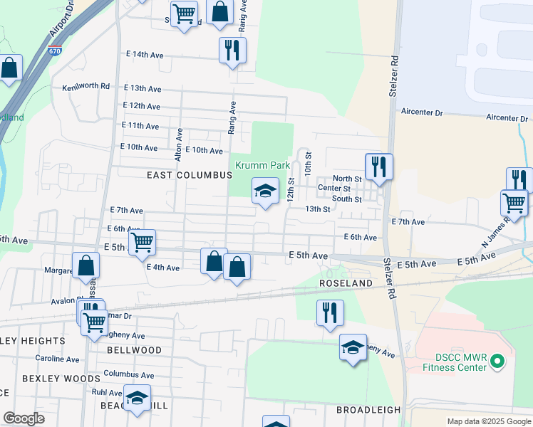 map of restaurants, bars, coffee shops, grocery stores, and more near 734 Rarig Avenue in Columbus