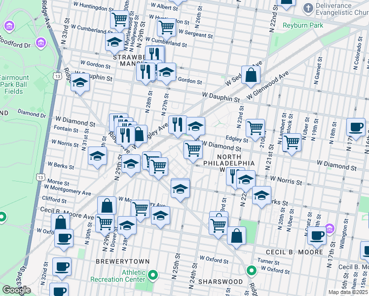 map of restaurants, bars, coffee shops, grocery stores, and more near 2033 North Bambrey Street in Philadelphia
