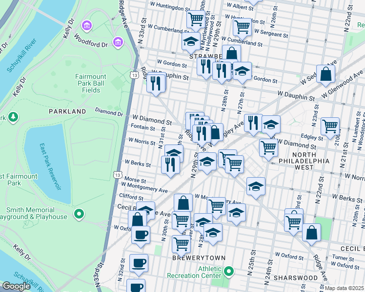 map of restaurants, bars, coffee shops, grocery stores, and more near 2949 West Norris Street in Philadelphia
