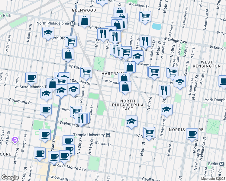 map of restaurants, bars, coffee shops, grocery stores, and more near 935 West Dauphin Street in Philadelphia