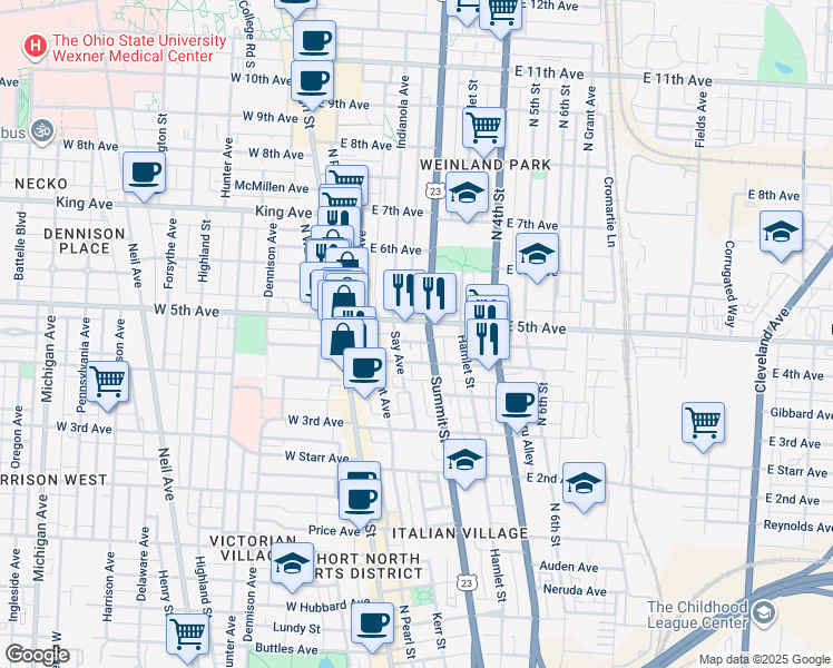 map of restaurants, bars, coffee shops, grocery stores, and more near 115 East 5th Avenue in Columbus