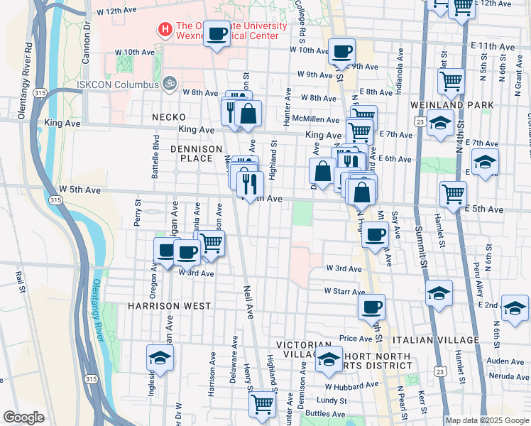 map of restaurants, bars, coffee shops, grocery stores, and more near 1219 Highland Street in Columbus