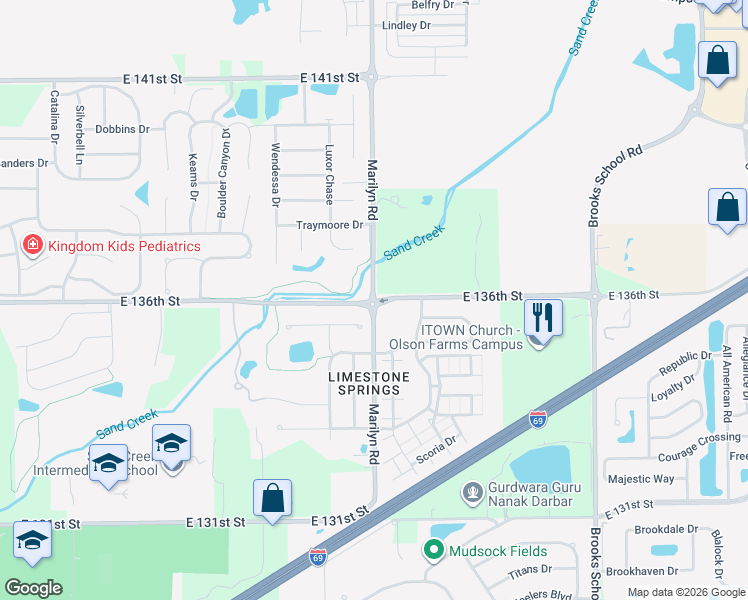 map of restaurants, bars, coffee shops, grocery stores, and more near 12022 East 136th Street in Noblesville