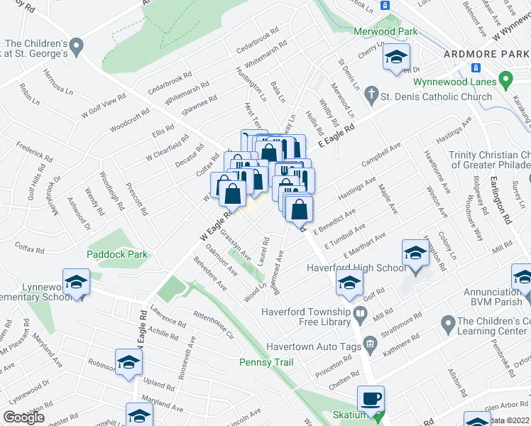 map of restaurants, bars, coffee shops, grocery stores, and more near 25 Ralston Ave in Havertown