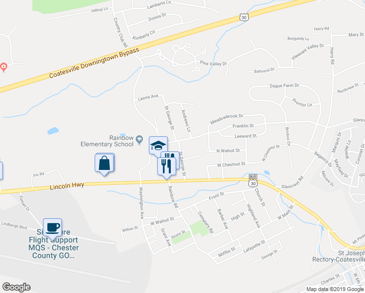 map of restaurants, bars, coffee shops, grocery stores, and more near 73 Saint George Street in Coatesville