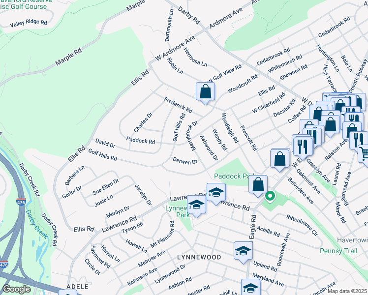 map of restaurants, bars, coffee shops, grocery stores, and more near 409 Paddock Road in Havertown