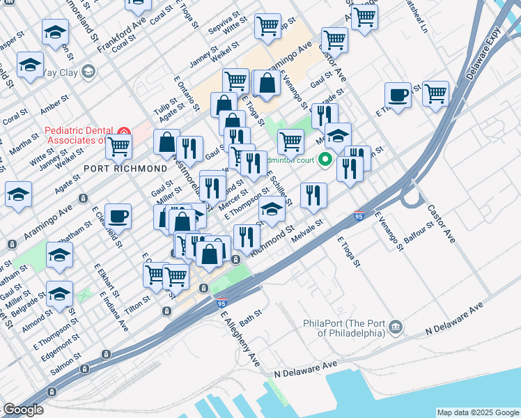 map of restaurants, bars, coffee shops, grocery stores, and more near 3412 Edgemont Street in Philadelphia