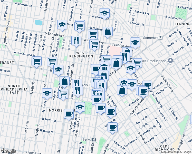 map of restaurants, bars, coffee shops, grocery stores, and more near 2402 North Howard Street in Philadelphia