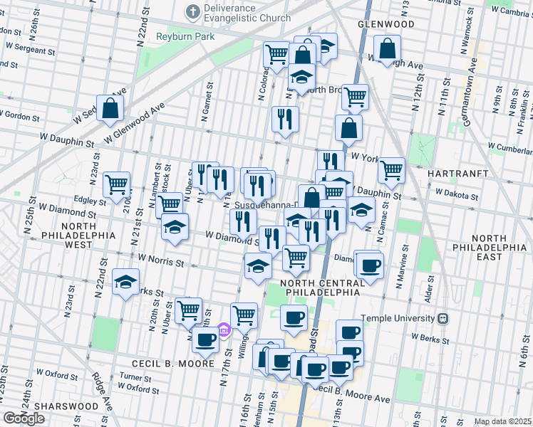 map of restaurants, bars, coffee shops, grocery stores, and more near 1622 West Susquehanna Avenue in Philadelphia