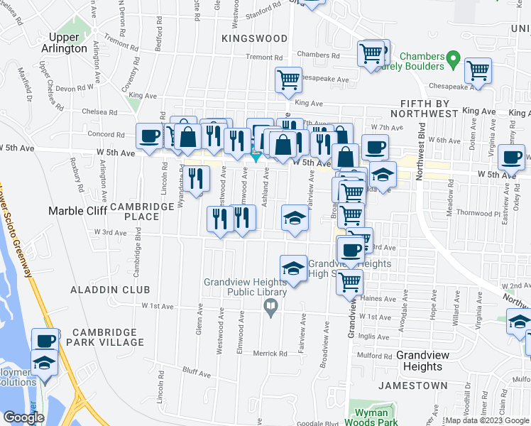 map of restaurants, bars, coffee shops, grocery stores, and more near 1448 Ashland Avenue in Columbus