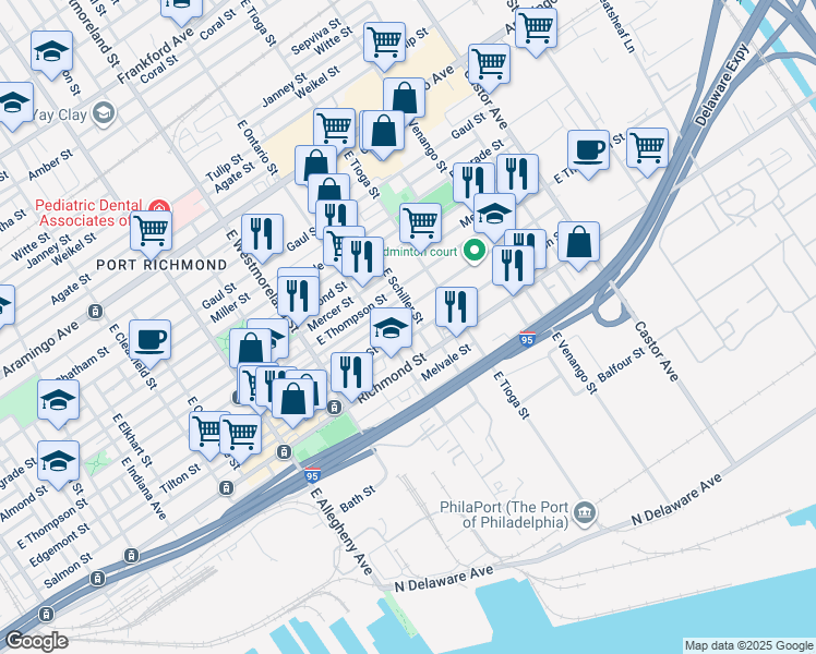 map of restaurants, bars, coffee shops, grocery stores, and more near 3431 Tilton Street in Philadelphia