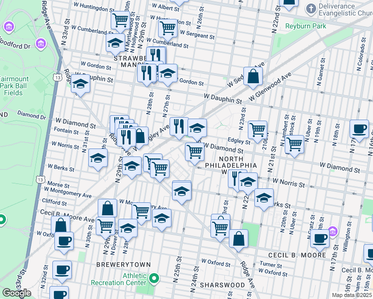 map of restaurants, bars, coffee shops, grocery stores, and more near 2033 North Bambrey Street in Philadelphia