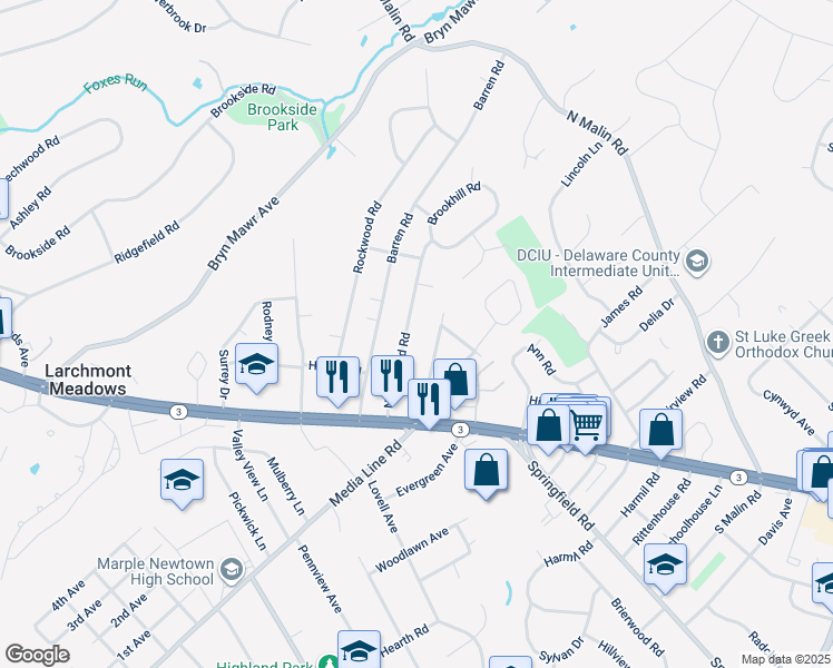 map of restaurants, bars, coffee shops, grocery stores, and more near 37 Northwood Road in Newtown Square