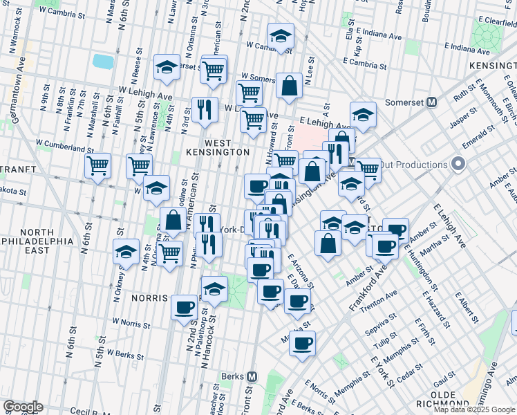 map of restaurants, bars, coffee shops, grocery stores, and more near 2402 North Howard Street in Philadelphia