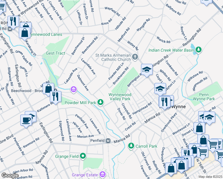 map of restaurants, bars, coffee shops, grocery stores, and more near 1628 Brookhaven Road in Penn Wynne