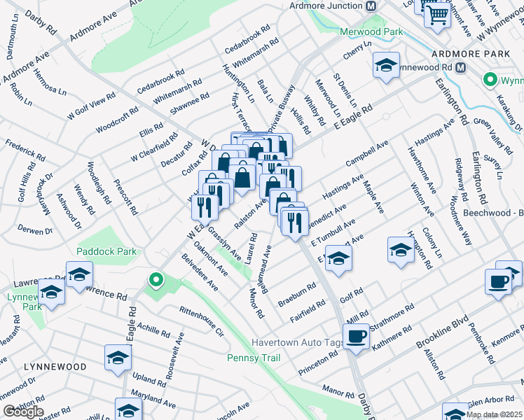 map of restaurants, bars, coffee shops, grocery stores, and more near 17 Ralston Avenue in Havertown