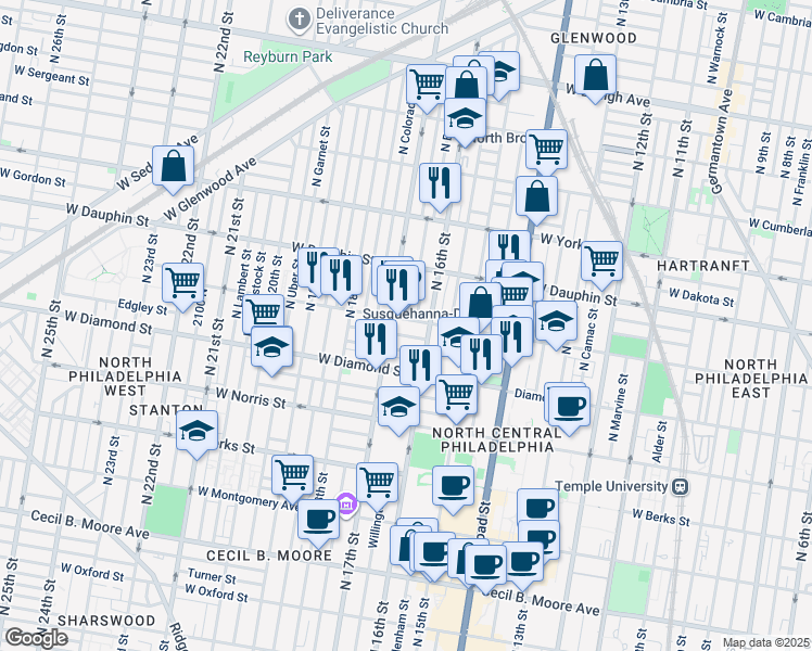 map of restaurants, bars, coffee shops, grocery stores, and more near 1630 West Susquehanna Avenue in Philadelphia