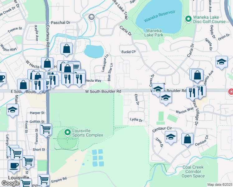map of restaurants, bars, coffee shops, grocery stores, and more near 1700 West South Boulder Road in Louisville