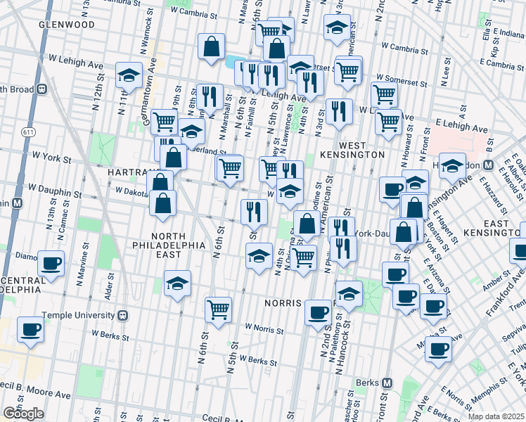 map of restaurants, bars, coffee shops, grocery stores, and more near 2322 North Orkney Street in Philadelphia