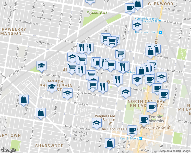 map of restaurants, bars, coffee shops, grocery stores, and more near 2124 North Uber Street in Philadelphia