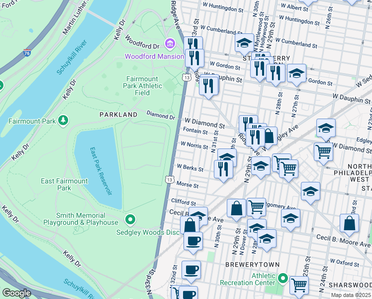 map of restaurants, bars, coffee shops, grocery stores, and more near 3219 Arlington Street in Philadelphia