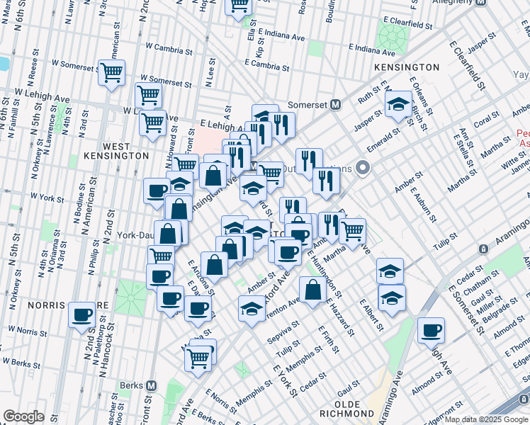 map of restaurants, bars, coffee shops, grocery stores, and more near 1936 East Hazzard Street in Philadelphia