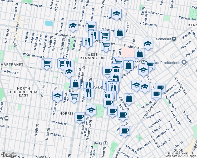 map of restaurants, bars, coffee shops, grocery stores, and more near 2401 North Hancock Street in Philadelphia