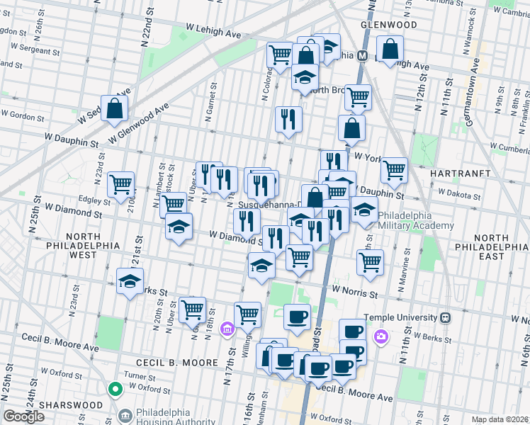 map of restaurants, bars, coffee shops, grocery stores, and more near 1634 West Susquehanna Avenue in Philadelphia
