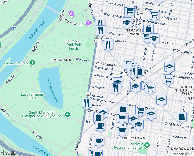 map of restaurants, bars, coffee shops, grocery stores, and more near 3219 Arlington Street in Philadelphia