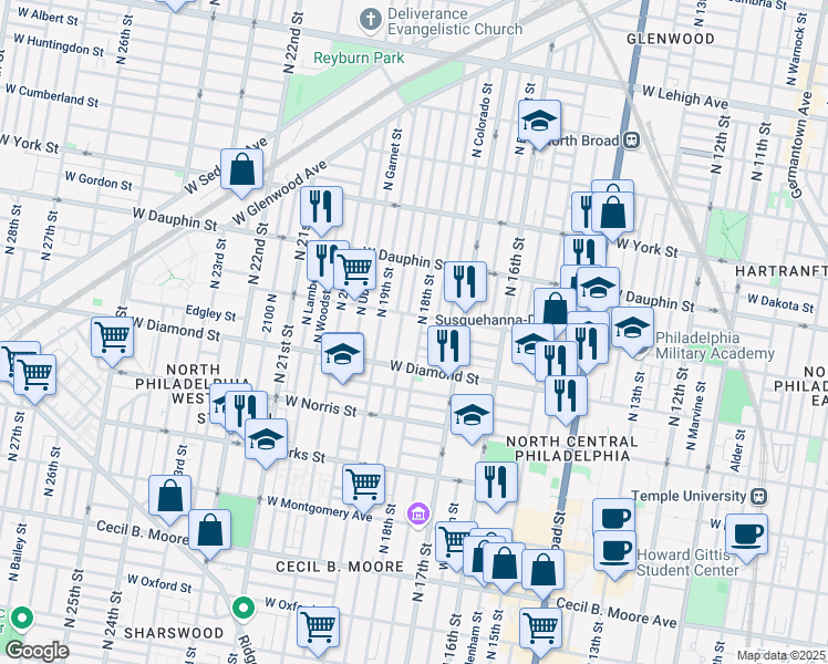 map of restaurants, bars, coffee shops, grocery stores, and more near 2136 North 18th Street in Philadelphia