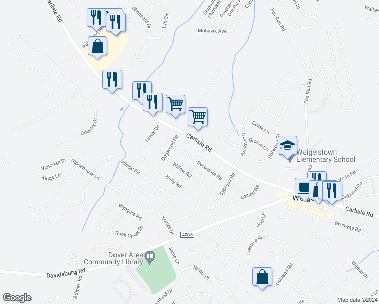 map of restaurants, bars, coffee shops, grocery stores, and more near 3521 Sycamore Road in Dover