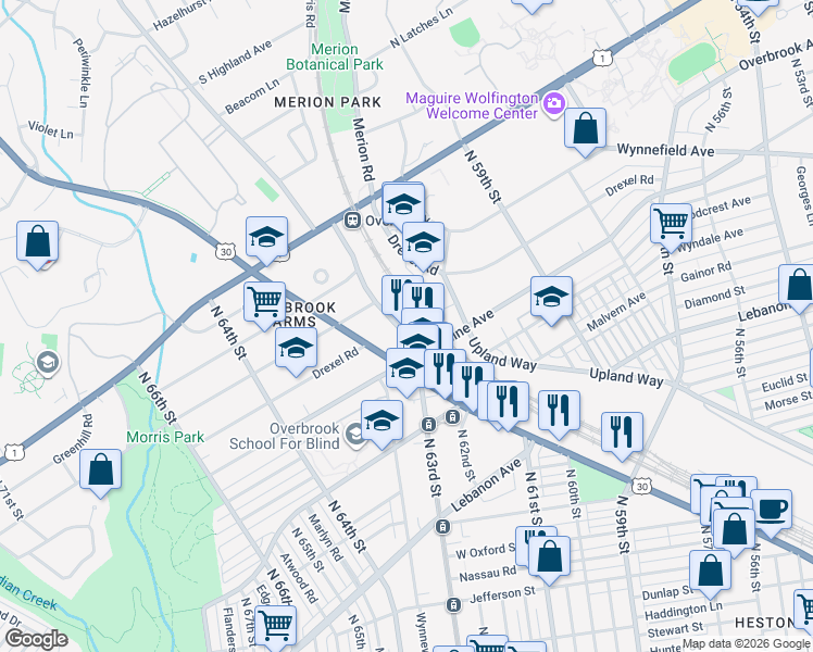 map of restaurants, bars, coffee shops, grocery stores, and more near 2037 North 63rd Street in Philadelphia