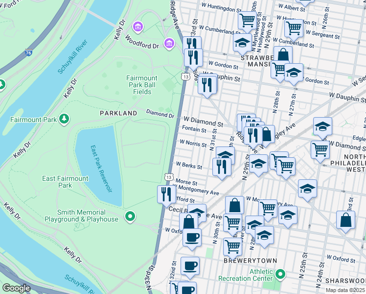 map of restaurants, bars, coffee shops, grocery stores, and more near 3229 Arlington Street in Philadelphia