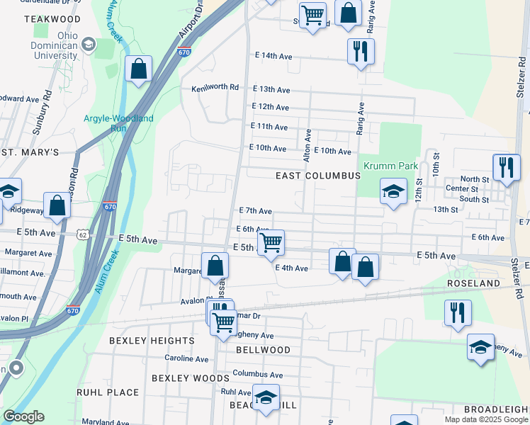 map of restaurants, bars, coffee shops, grocery stores, and more near 2806 East 7th Avenue in Columbus