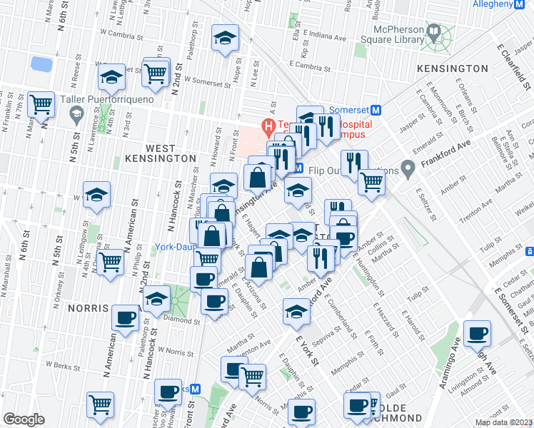 map of restaurants, bars, coffee shops, grocery stores, and more near 1840 East Cumberland Street in Philadelphia