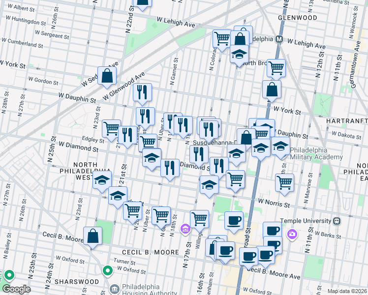 map of restaurants, bars, coffee shops, grocery stores, and more near 2136 North 18th Street in Philadelphia