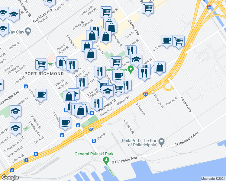 map of restaurants, bars, coffee shops, grocery stores, and more near 3435 Tilton Street in Philadelphia